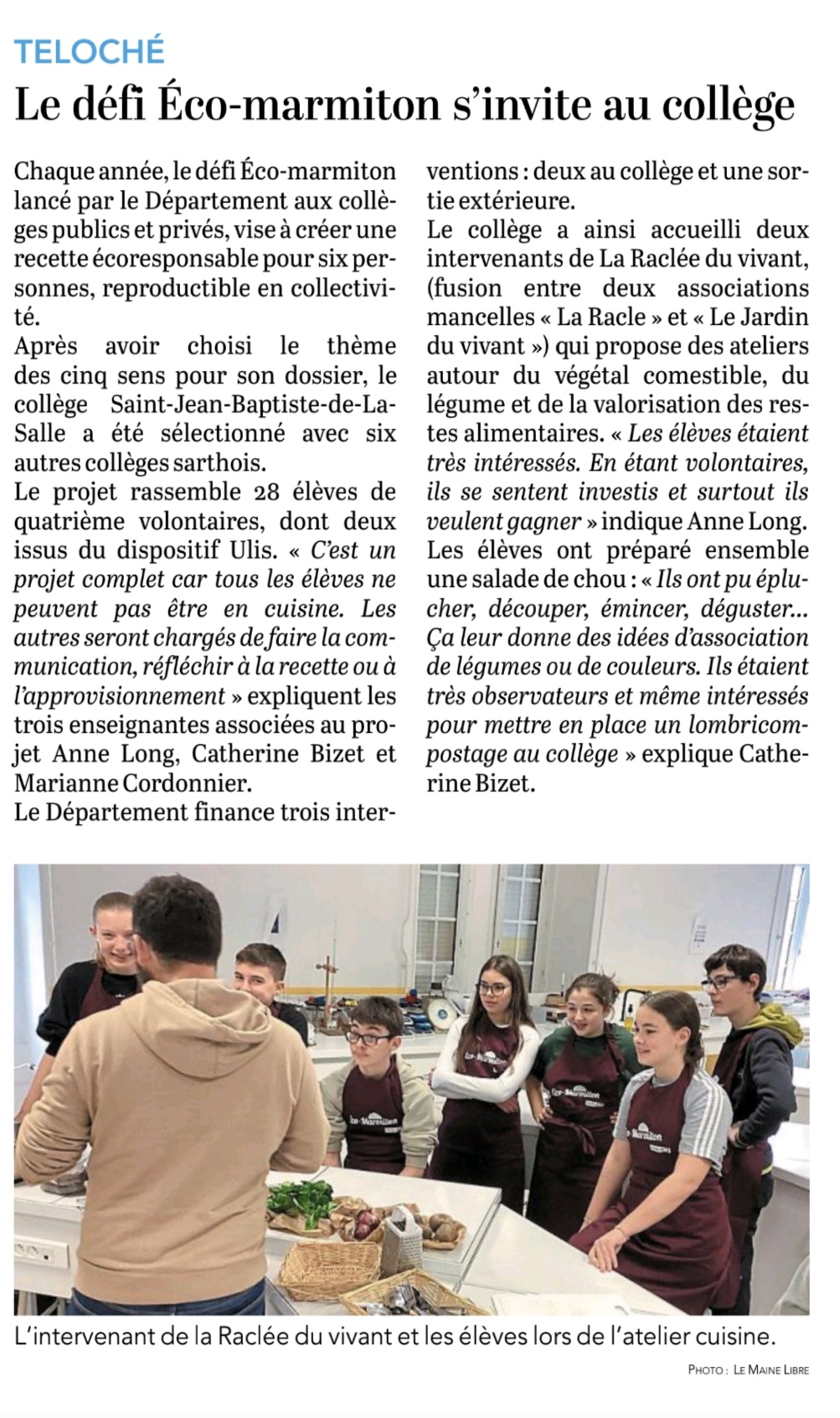 Collège STJB teloché article maine libre défi marmiton